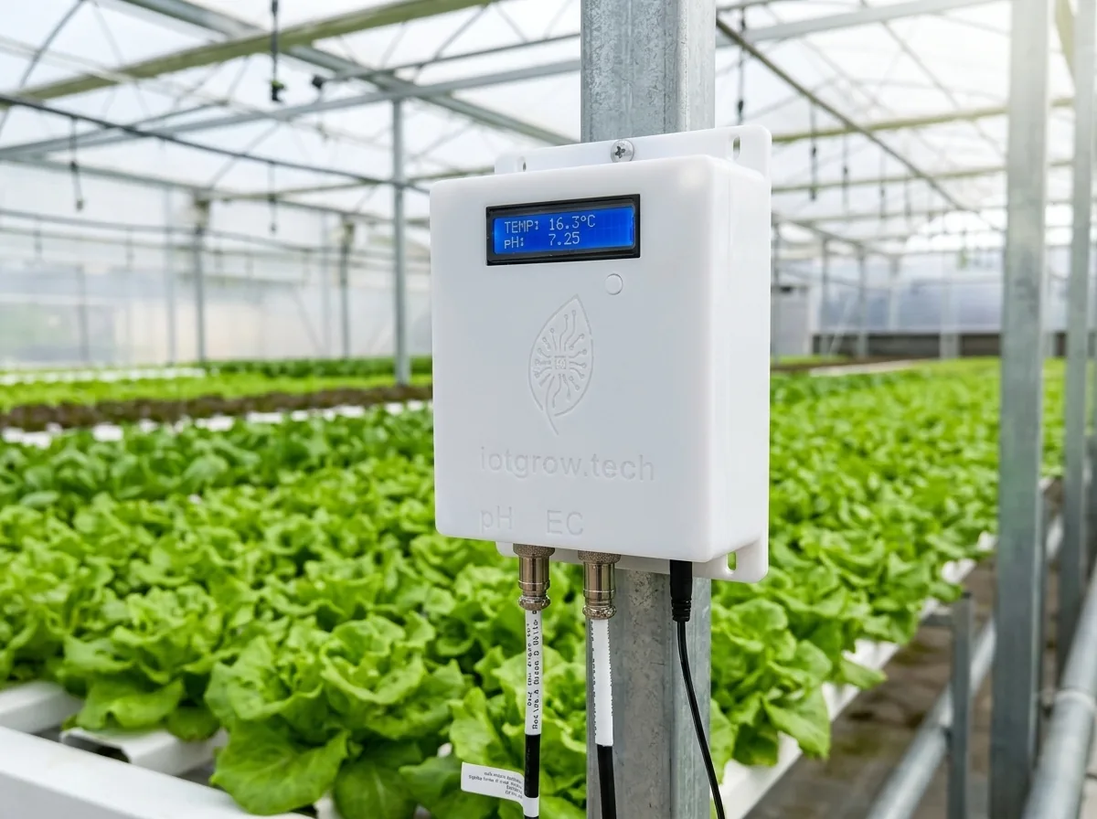 Monitor de pH y EC de IoTgrow montado en un invernadero