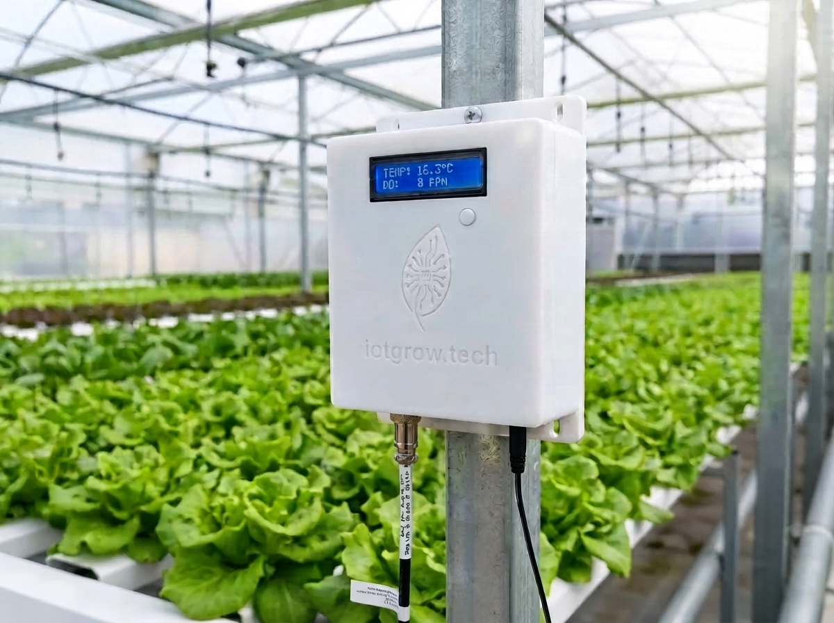 Sensor IoTgrow de oxígeno disuelto con su sonda de fluorescencia en un tanque de acuicultura
